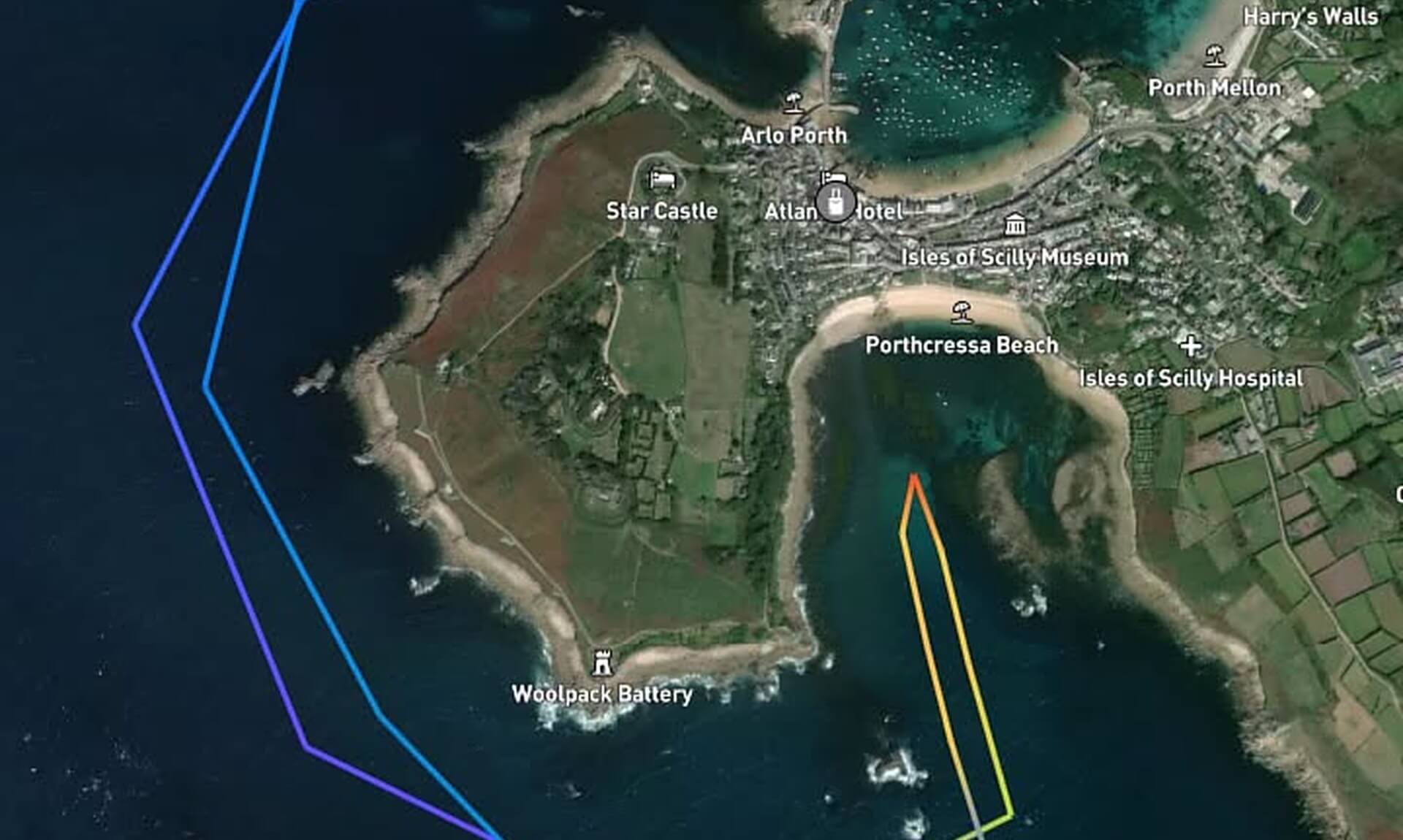 AIS track map showing St Mary's lifeboat's route into Porthcressa Bay, Isles of Scilly