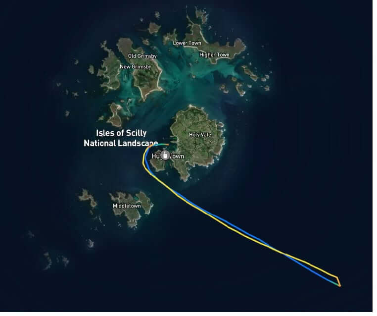 MarineTraffic AIS map showing the St Mary's lifeboat's track out to the yacht and back into Hugh Town, Isles of Scilly
