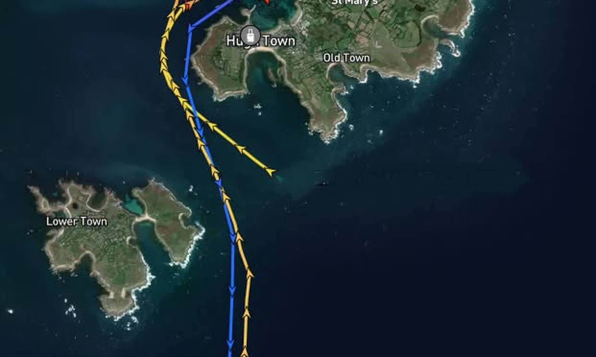 Map of the St Mary's lifeboat's track out to sea and back off the Isles of Scilly