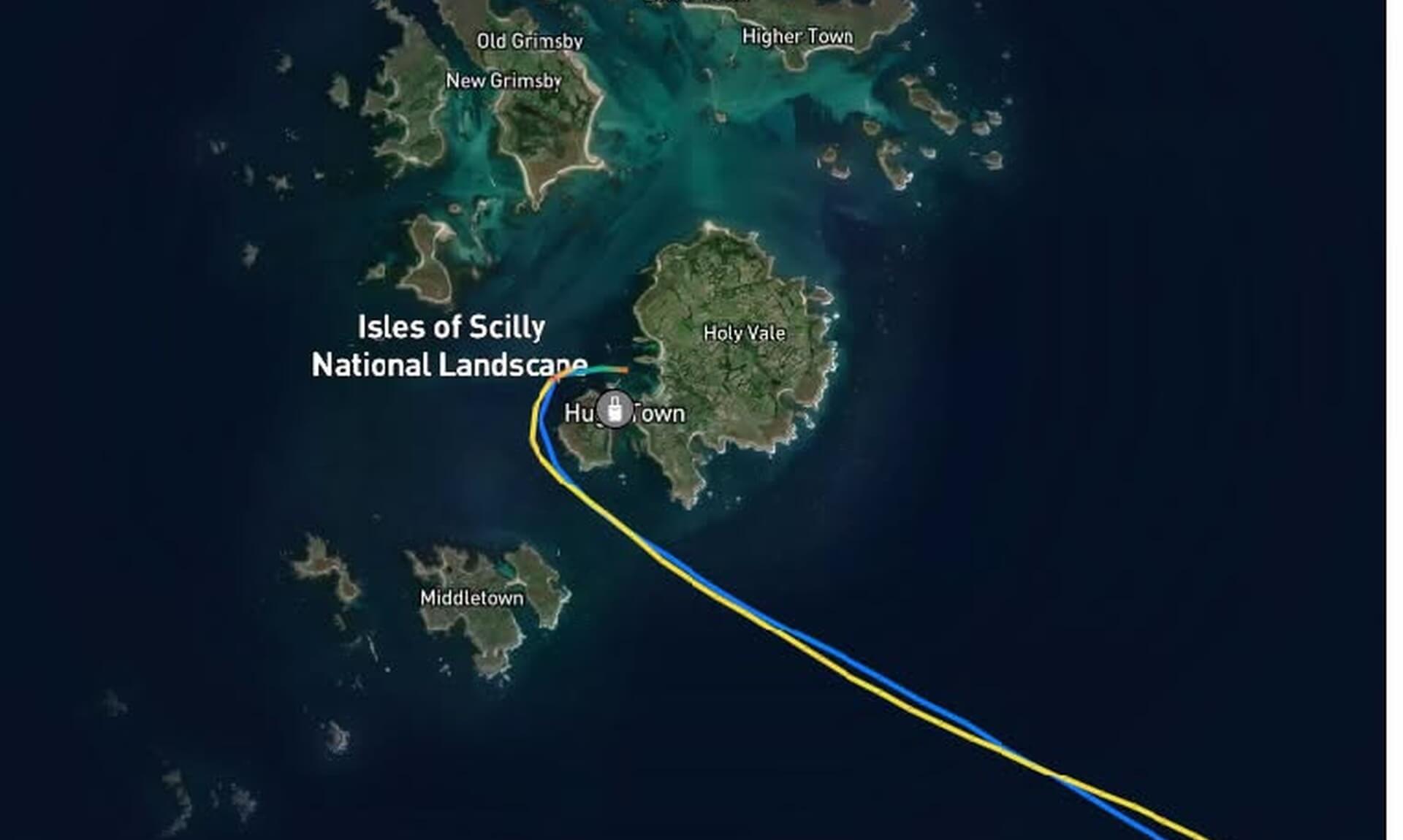 MarineTraffic AIS map showing the St Mary's lifeboat's track out to the yacht and back into Hugh Town, Isles of Scilly