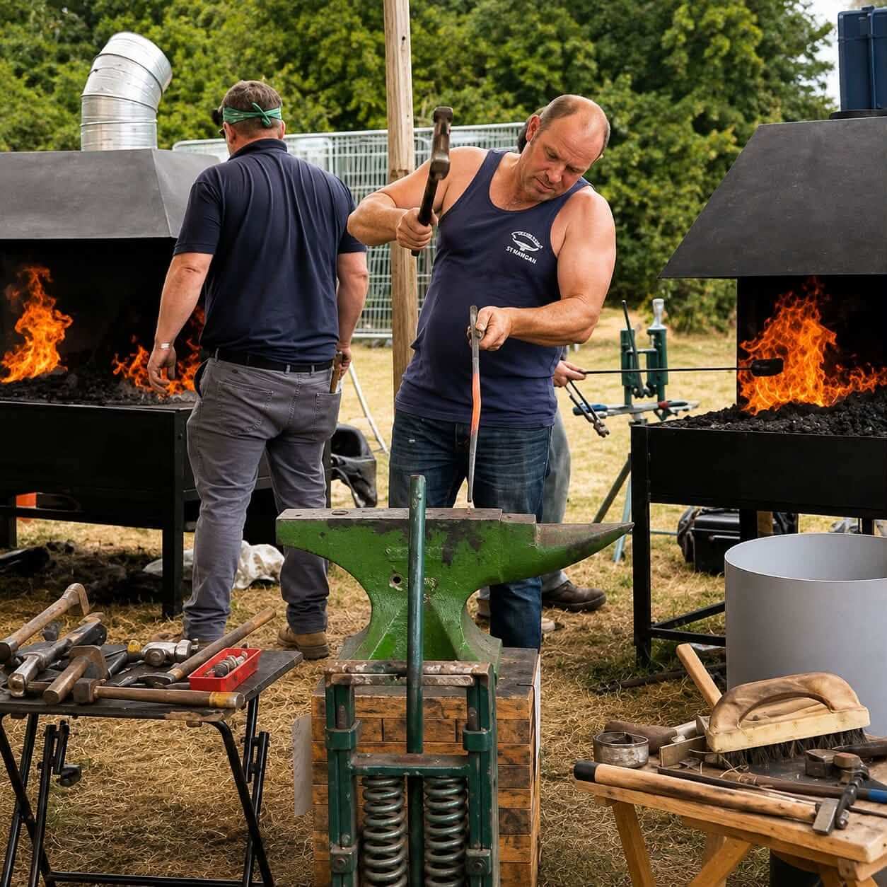 Farriers forging a shoe over open coal fires at St Mawgan rally