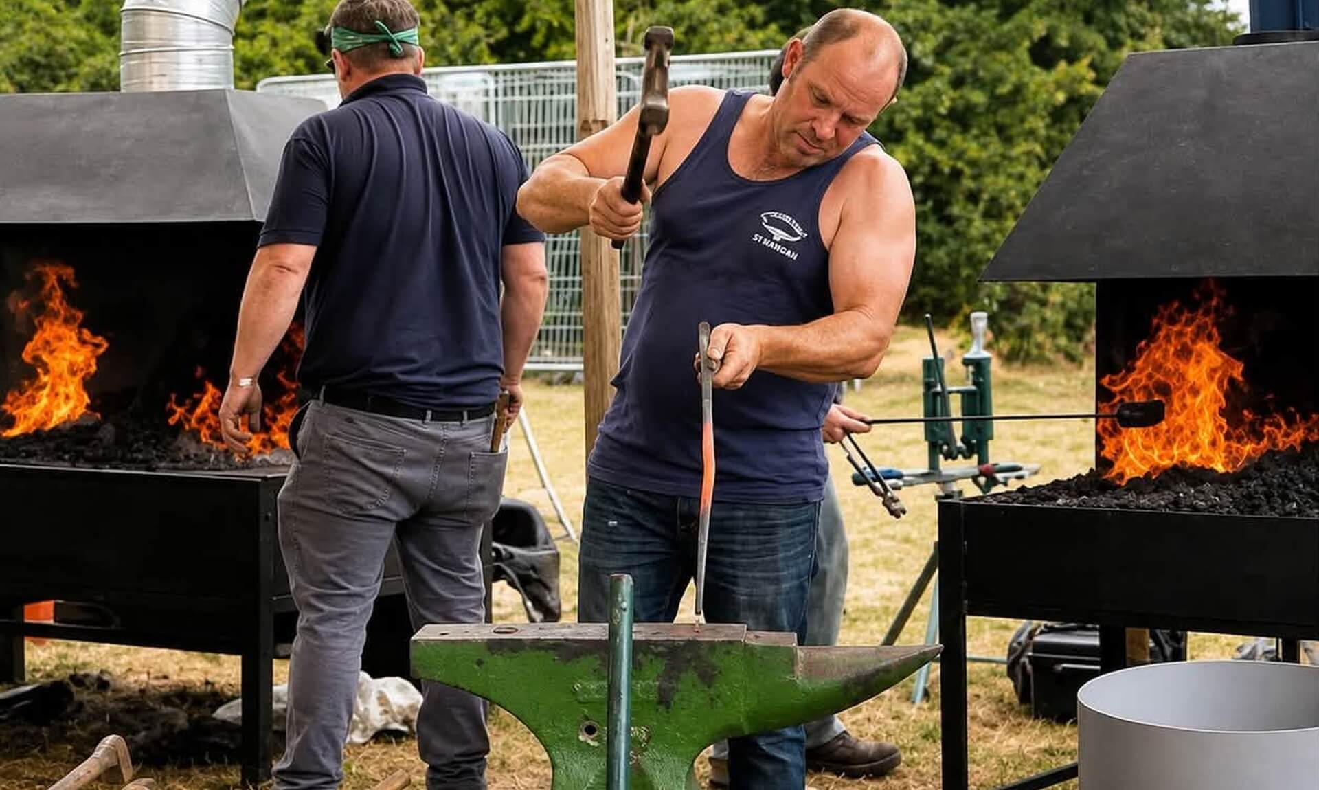 Farriers forging a shoe over open coal fires at St Mawgan rally