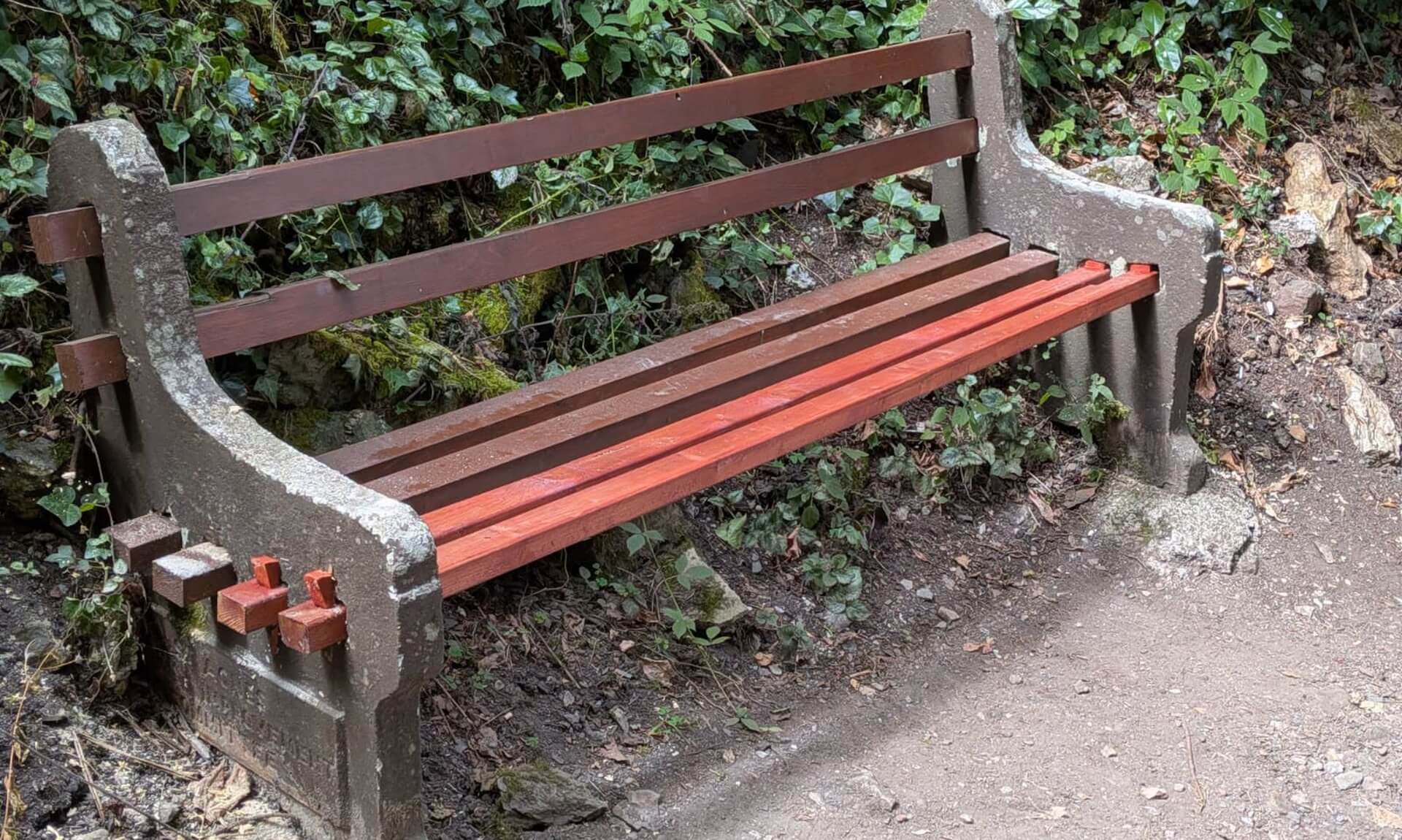 The repaired bench on Stippy Stappy in St Agnes with fresh replacement seat slats