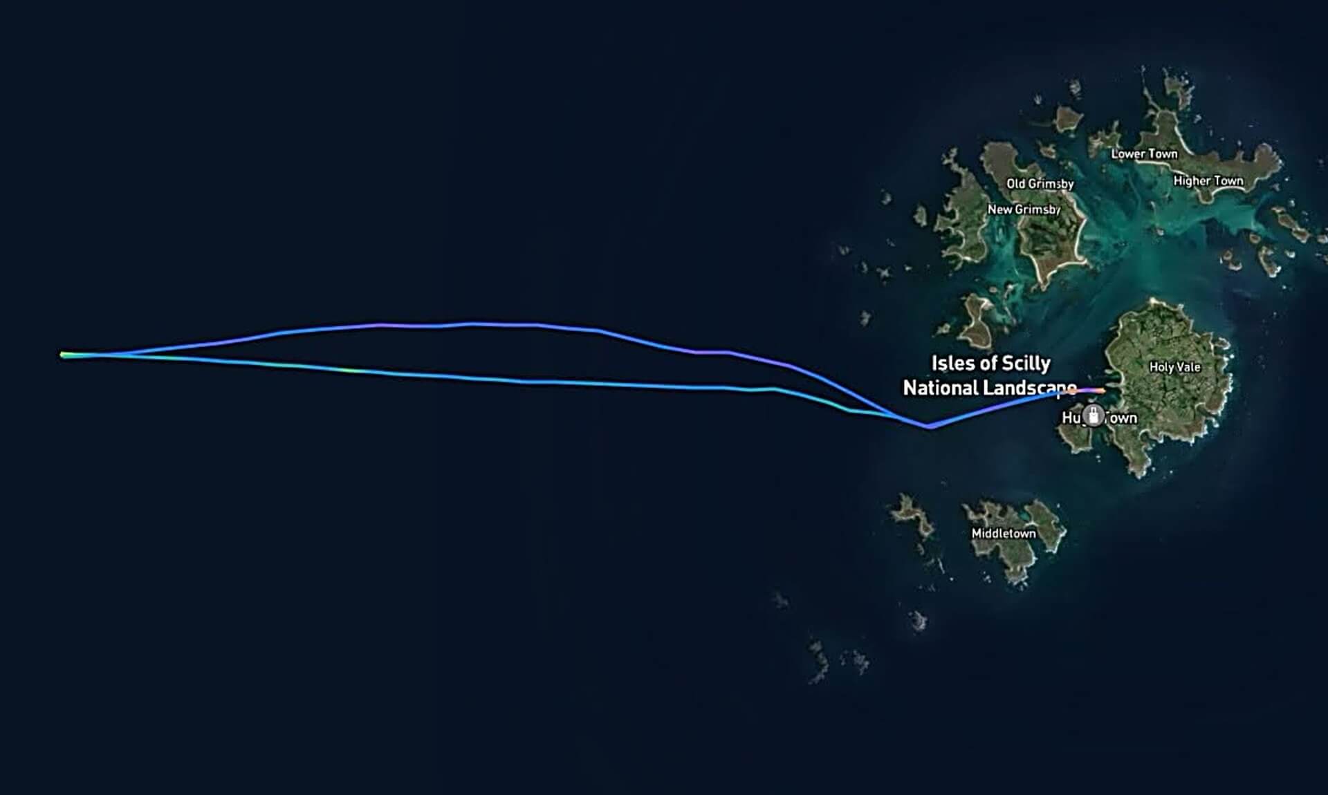Vessel tracking chart showing St Mary's lifeboat's route west towards the Isles of Scilly