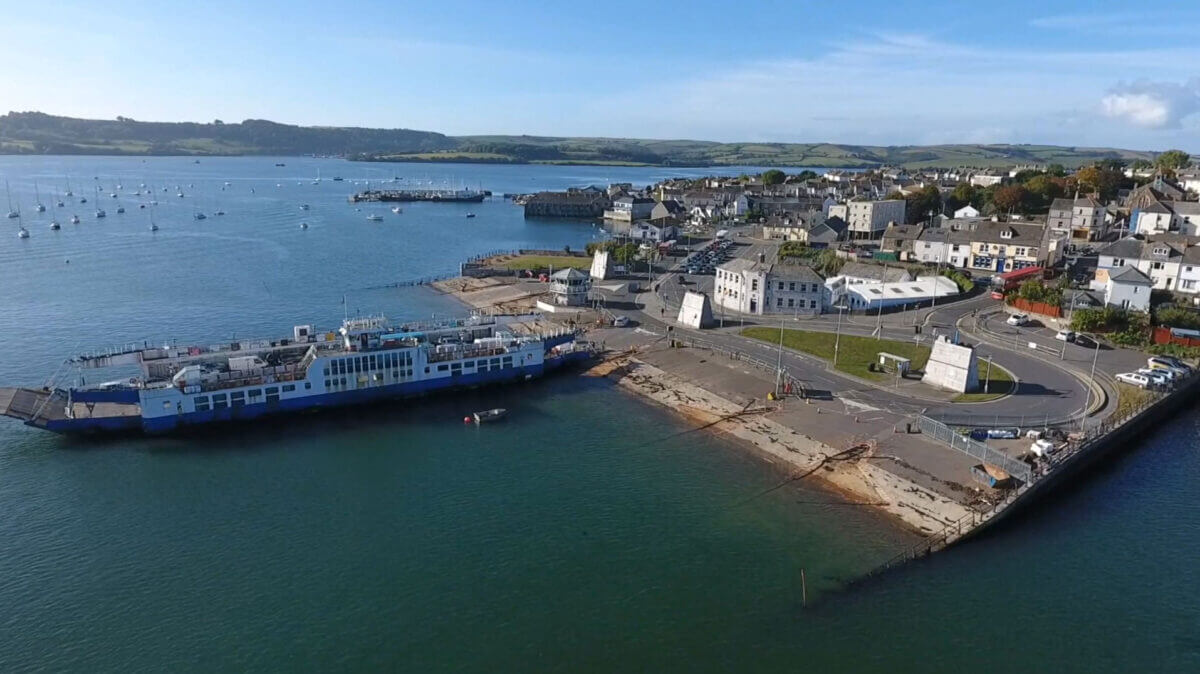 Aerial view of Torpoint Ferry docked at the slipway
