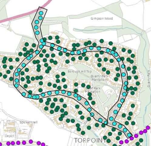 Torpoint Town Council map showing the streets set for reinstated lighting, including Goad Avenue and Trevithick Avenue