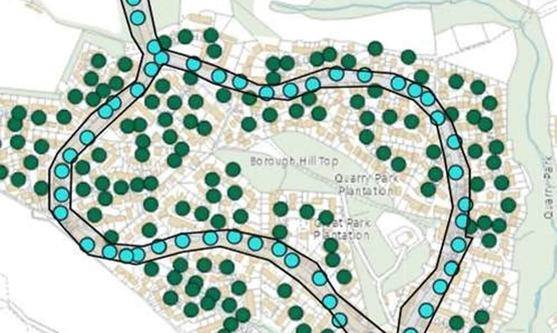 Map of Torpoint showing the street lights being reinstated, marked in blue