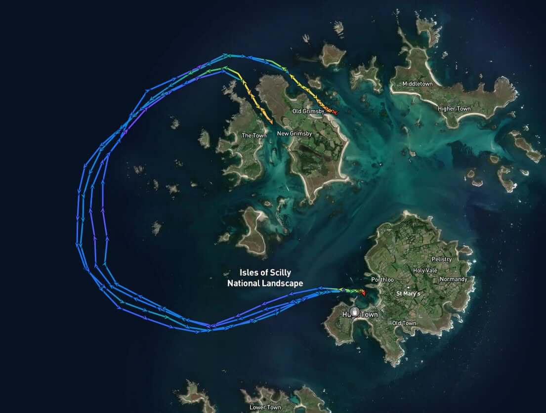 Screenshot of the St Mary's lifeboat tracks for both callouts, out and around the back of Bryher to Tresco