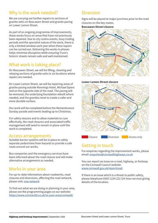 Diversion route maps for the Boscawen Street and Lower Lemon Street closures in Truro