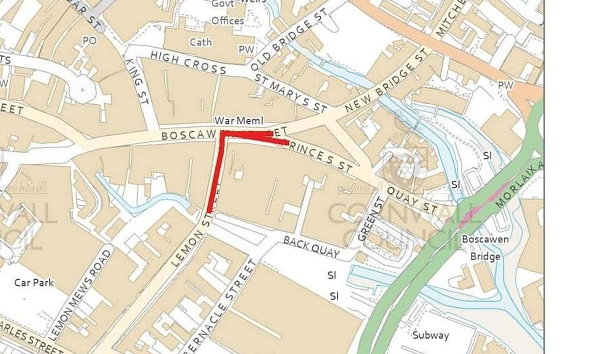 Map showing the Boscawen Street and Lemon Street works area in Truro
