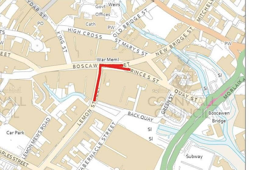 Map showing the Boscawen Street and Lemon Street works area in Truro
