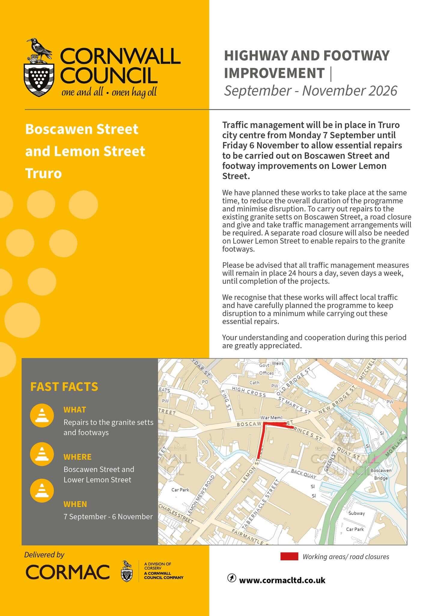 Cornwall Council highway and footway improvement notice for Boscawen Street and Lower Lemon Street, Truro