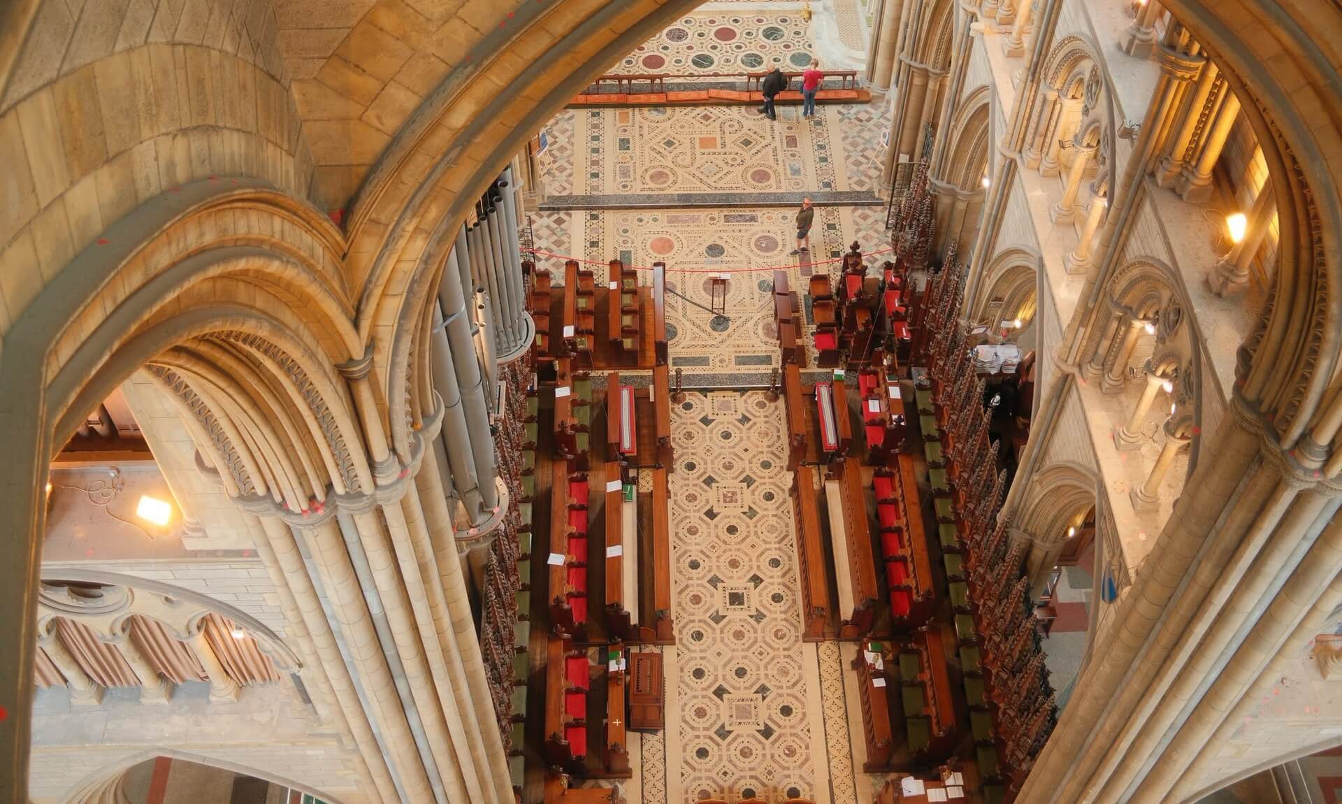 View down over the Crossing into the Quire at Truro Cathedral from the roof tour