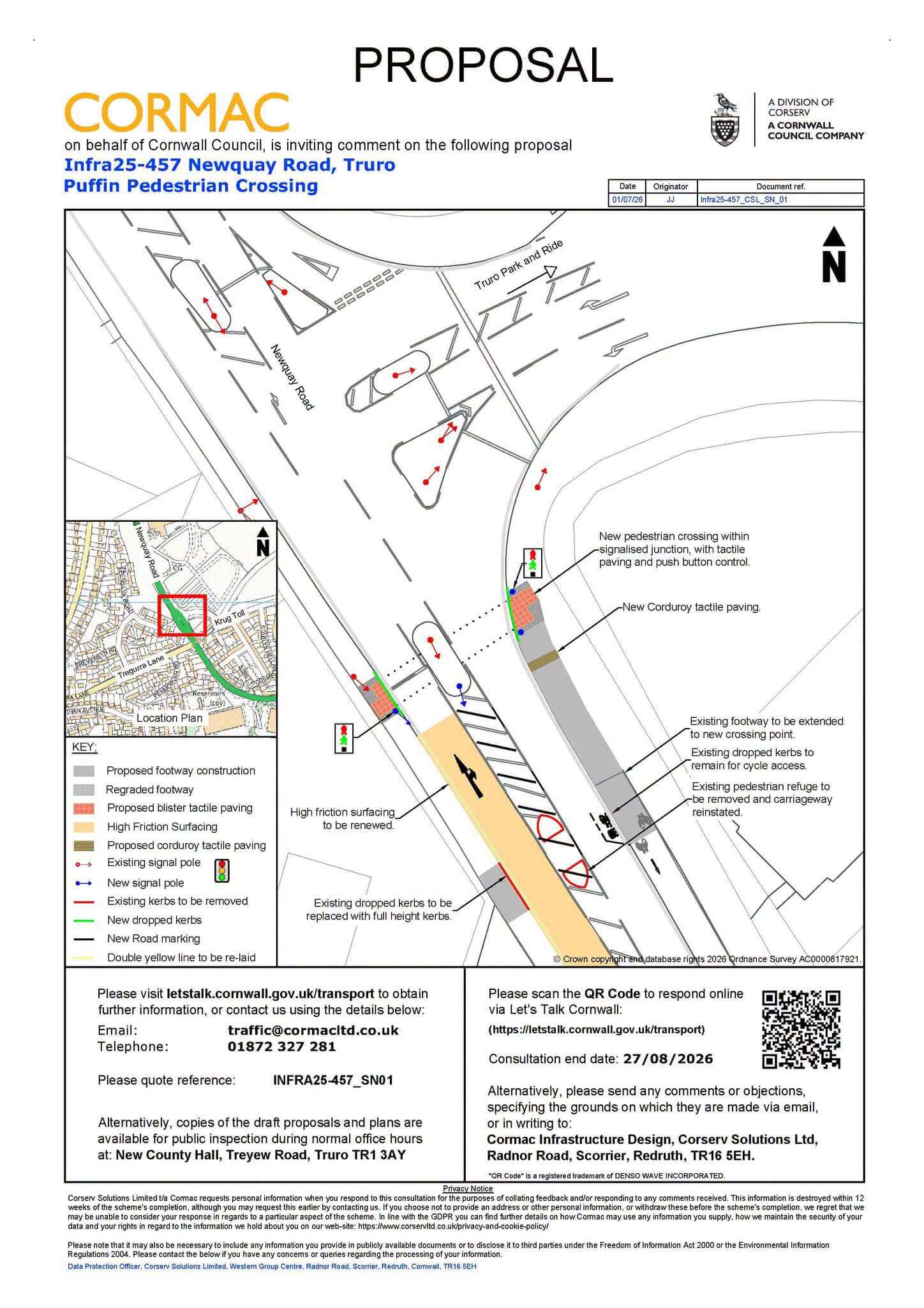 Cormac proposal plan for a new pedestrian crossing at the A39 Newquay Road junction near Truro Park and Ride