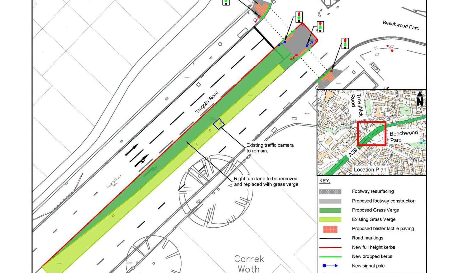 Cormac proposal plan for a new pedestrian crossing on the A390 Tregolls Road and Chellew Road, Truro
