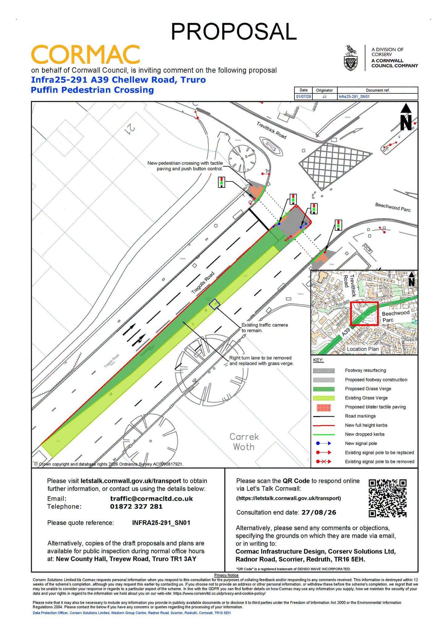 Cormac proposal plan for the A390 Tregolls Road and Chellew Road crossing, Truro, showing the right-turn lane replaced with a grass verge