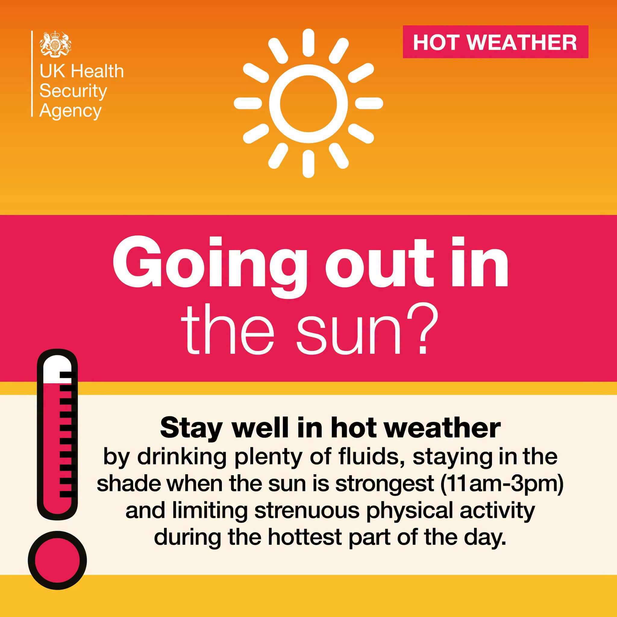 UK Health Security Agency hot weather graphic: stay well by drinking fluids, staying in the shade 11am to 3pm and limiting activity