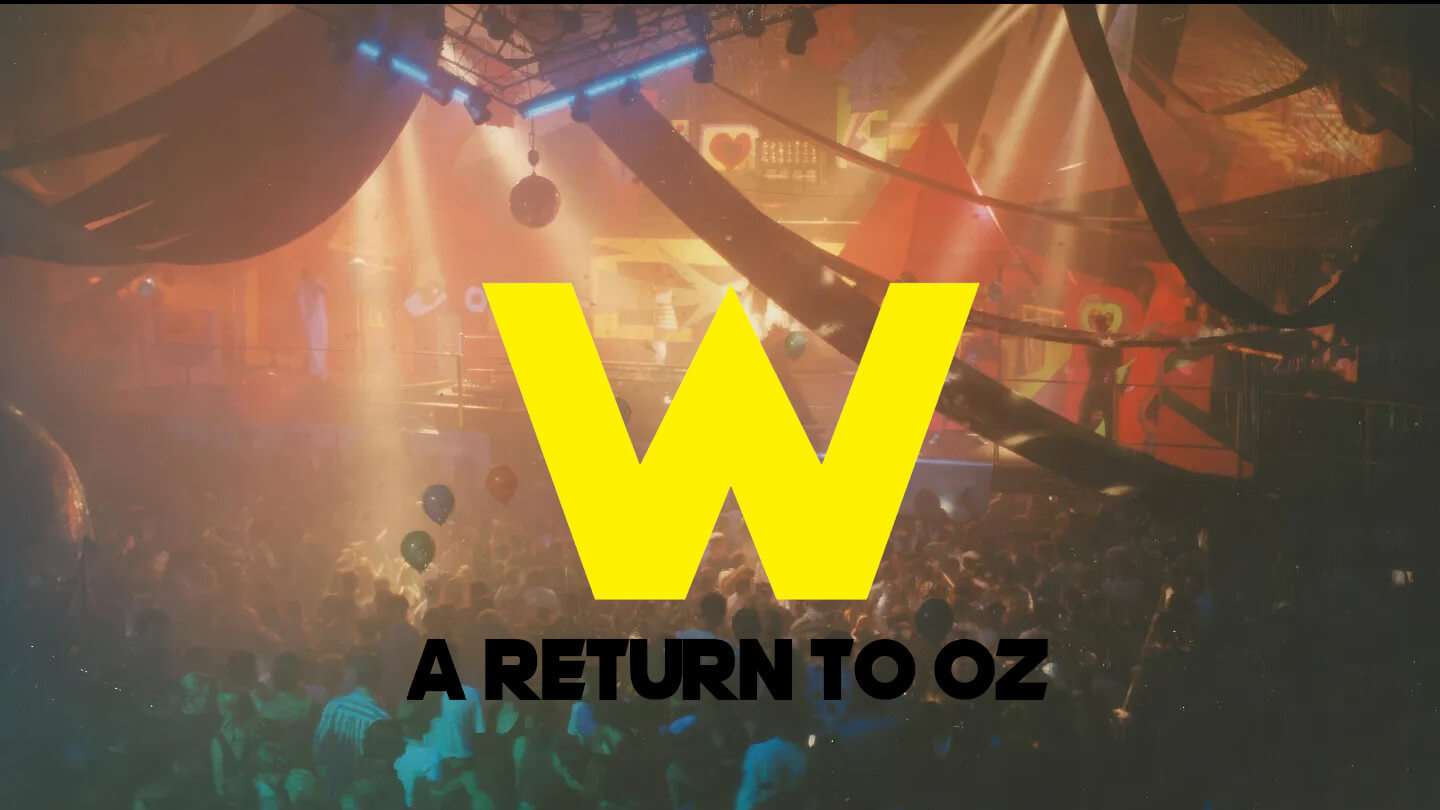 Title card for the documentary W: A Return to Oz over a packed nightclub dancefloor