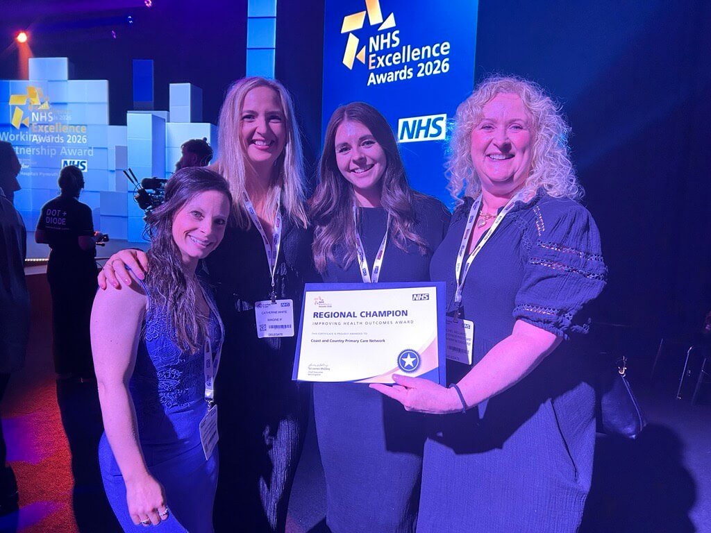 Members of the Coast and Country Primary Care Network holding their Regional Champion certificate at the NHS Excellence Awards 2026