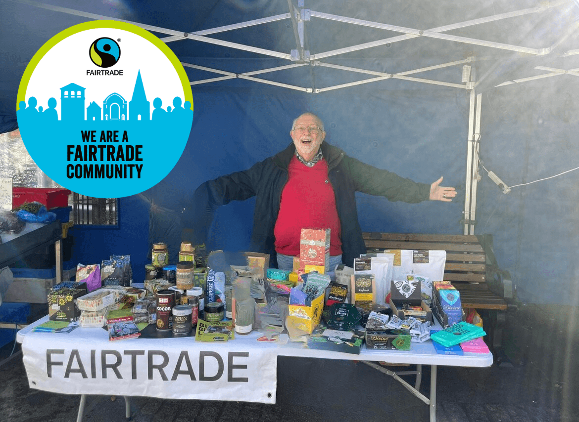 A Fairtrade stall of ethically-sourced products at a Camborne market