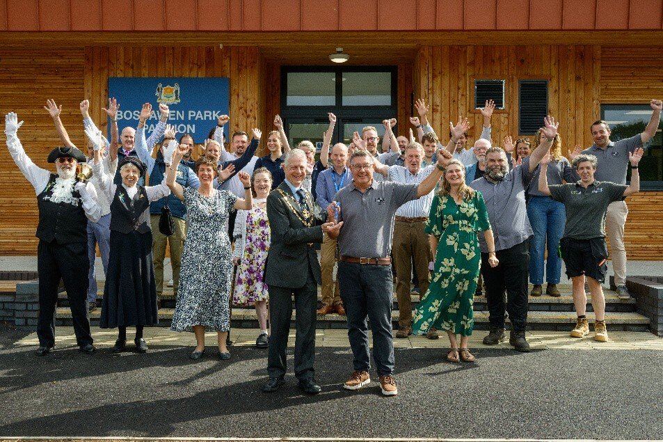 Truro Mayor Chris Wells and project partners celebrate the handover of the Boscawen Park pavilion keys