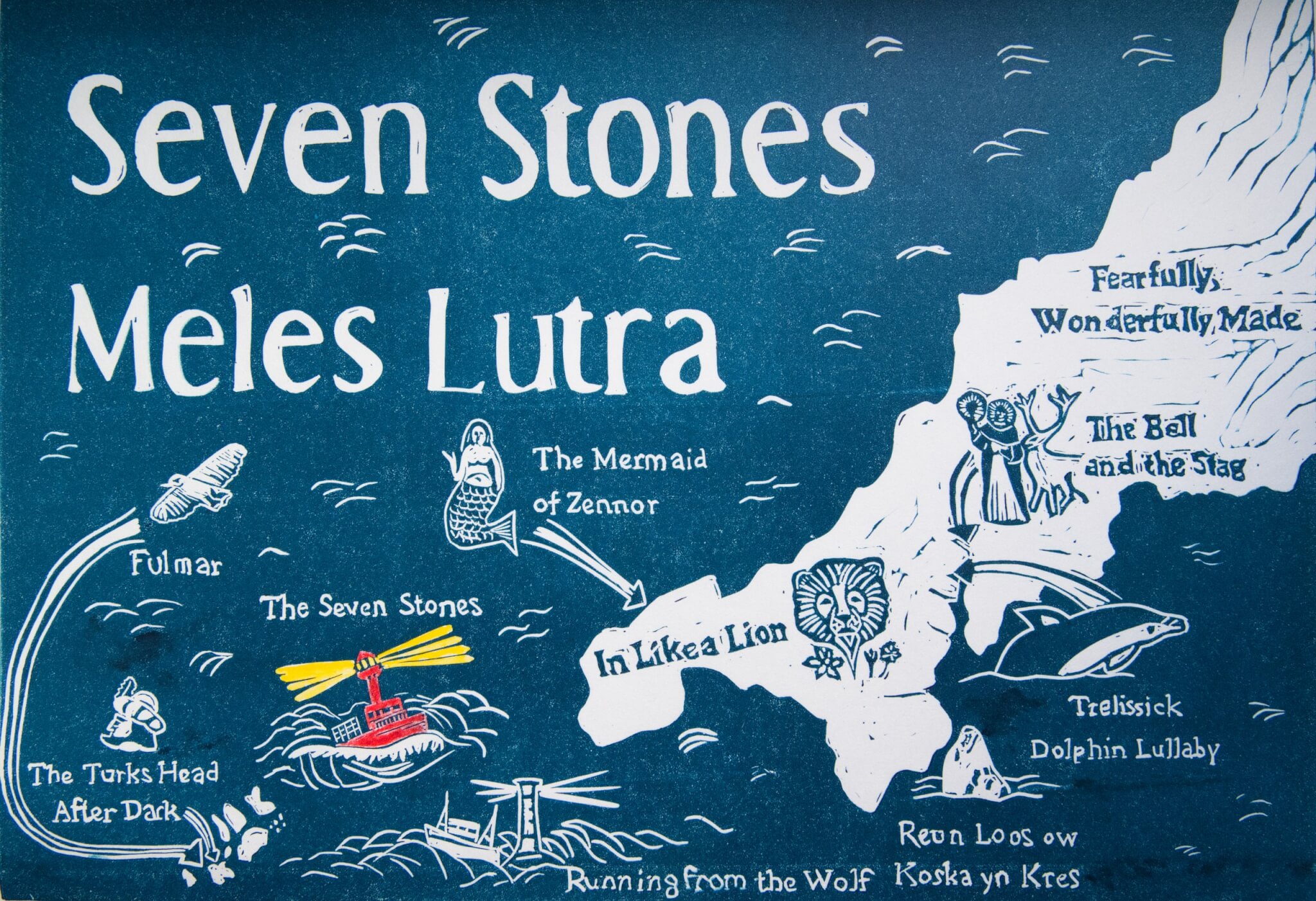 A lino-cut map charting the songs of the Seven Stones album across Cornwall and the Isles of Scilly