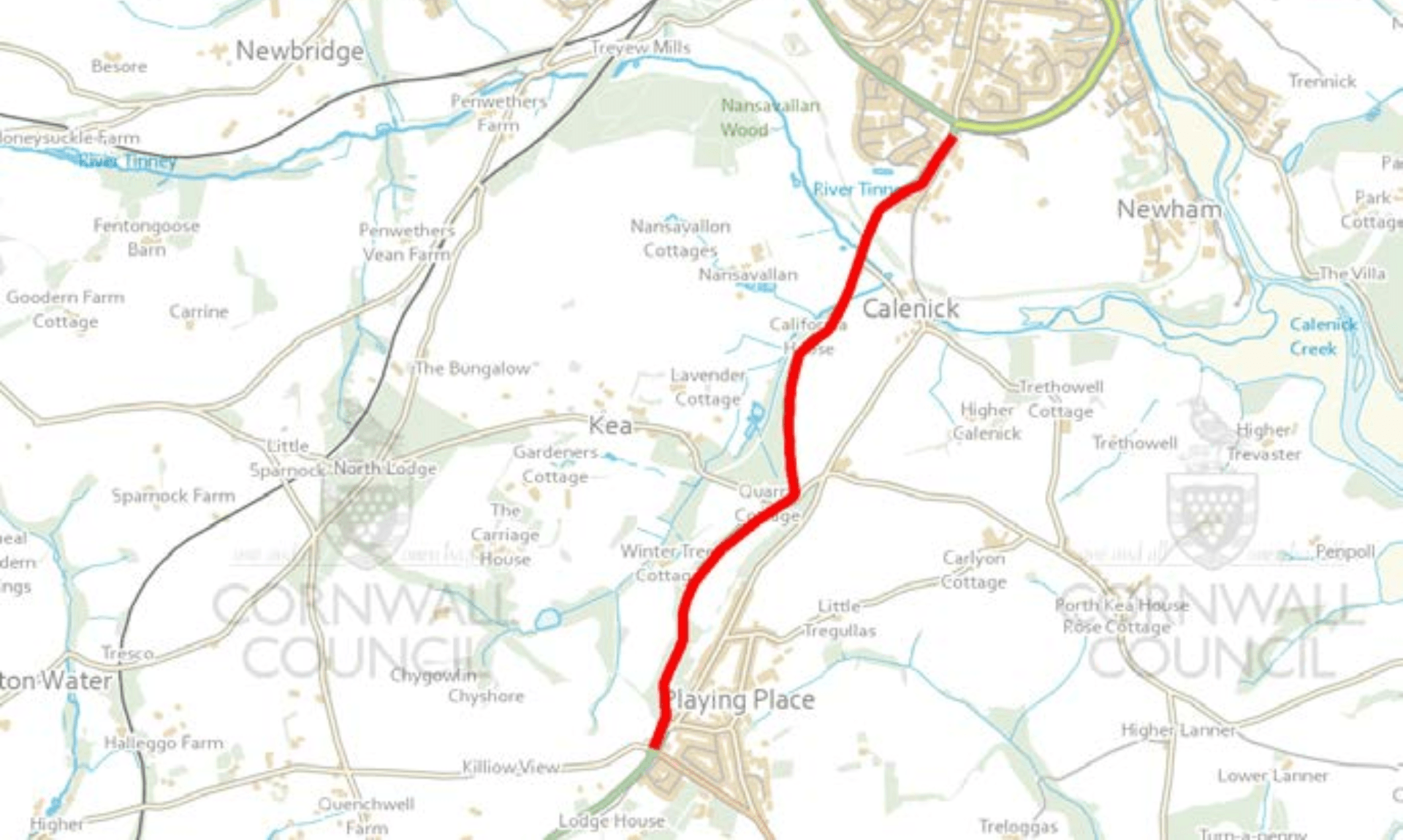 Map showing the A39 closure between Arch Hill, Truro and Playing Place marked in red