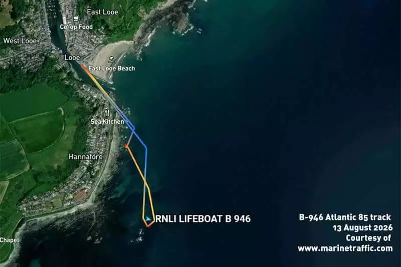Map showing the track of RNLI Looe lifeboat B-946 off Hannafore, Looe on 13 August 2026