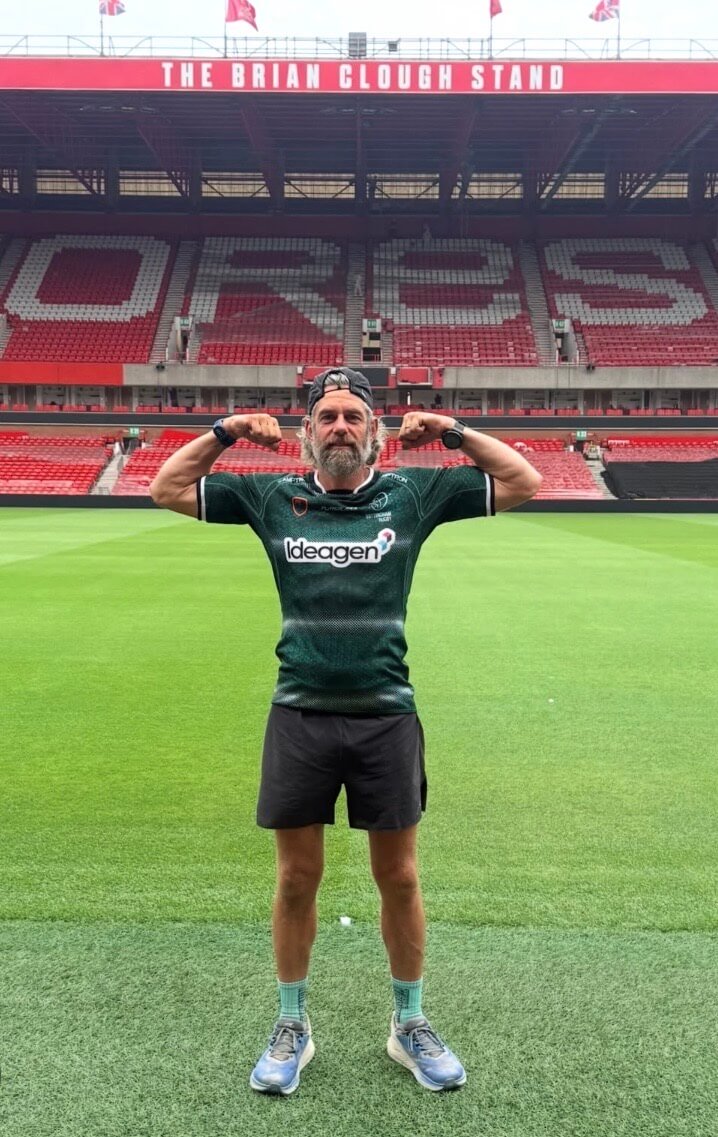 David 'Jacko' Jackson at a football stadium in a rugby shirt