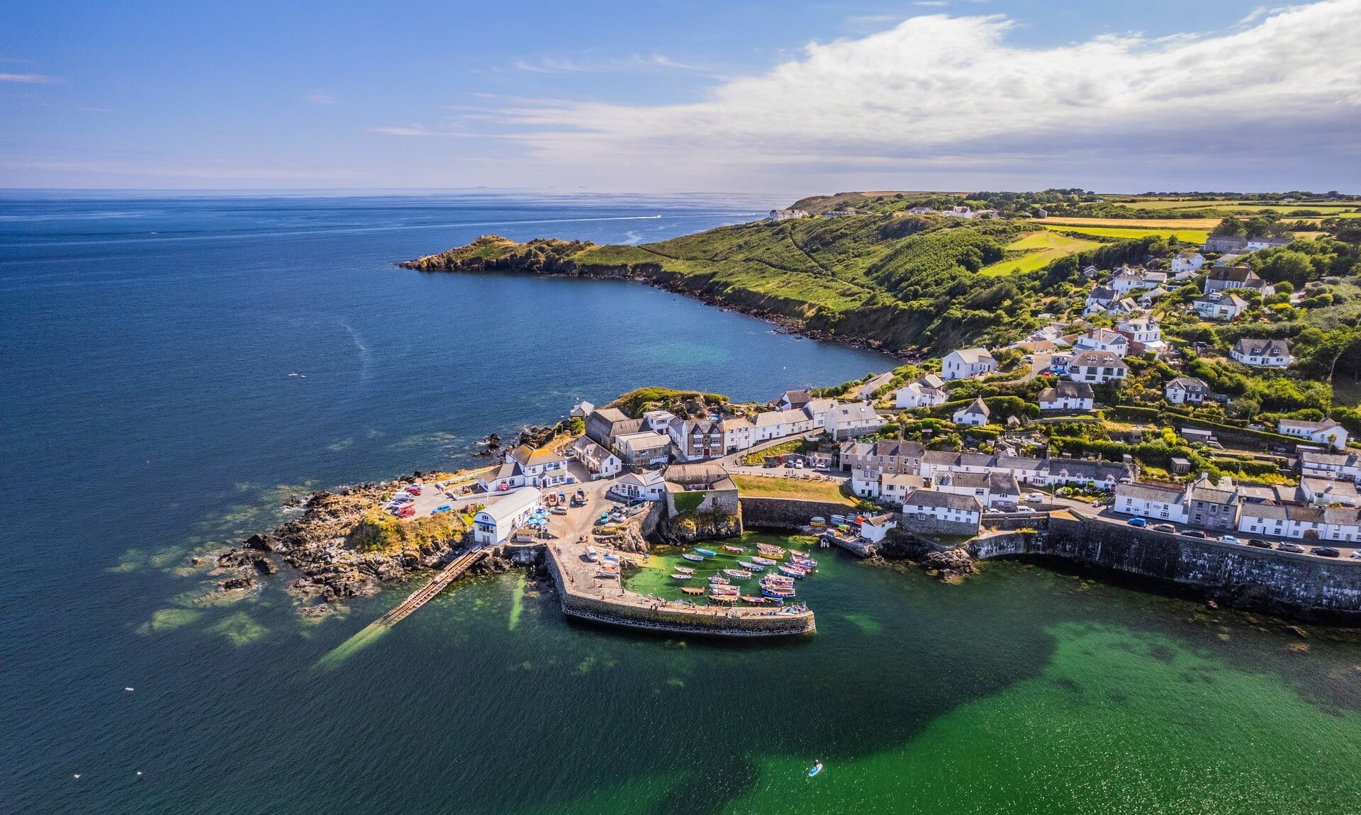 Aerial view of Coverack harbour on the Lizard peninsula, Cornwall