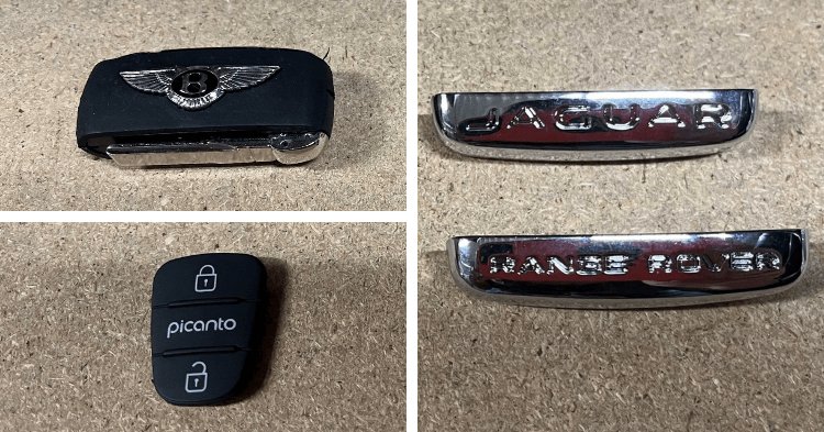 Counterfeit Bentley, Jaguar and Range Rover badges and a fake Kia Picanto key fob seized by Trading Standards
