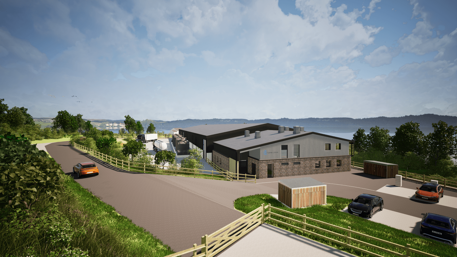 Digital rendering of the Cross Lanes Geothermal Lithium Project facility above a Cornish estuary