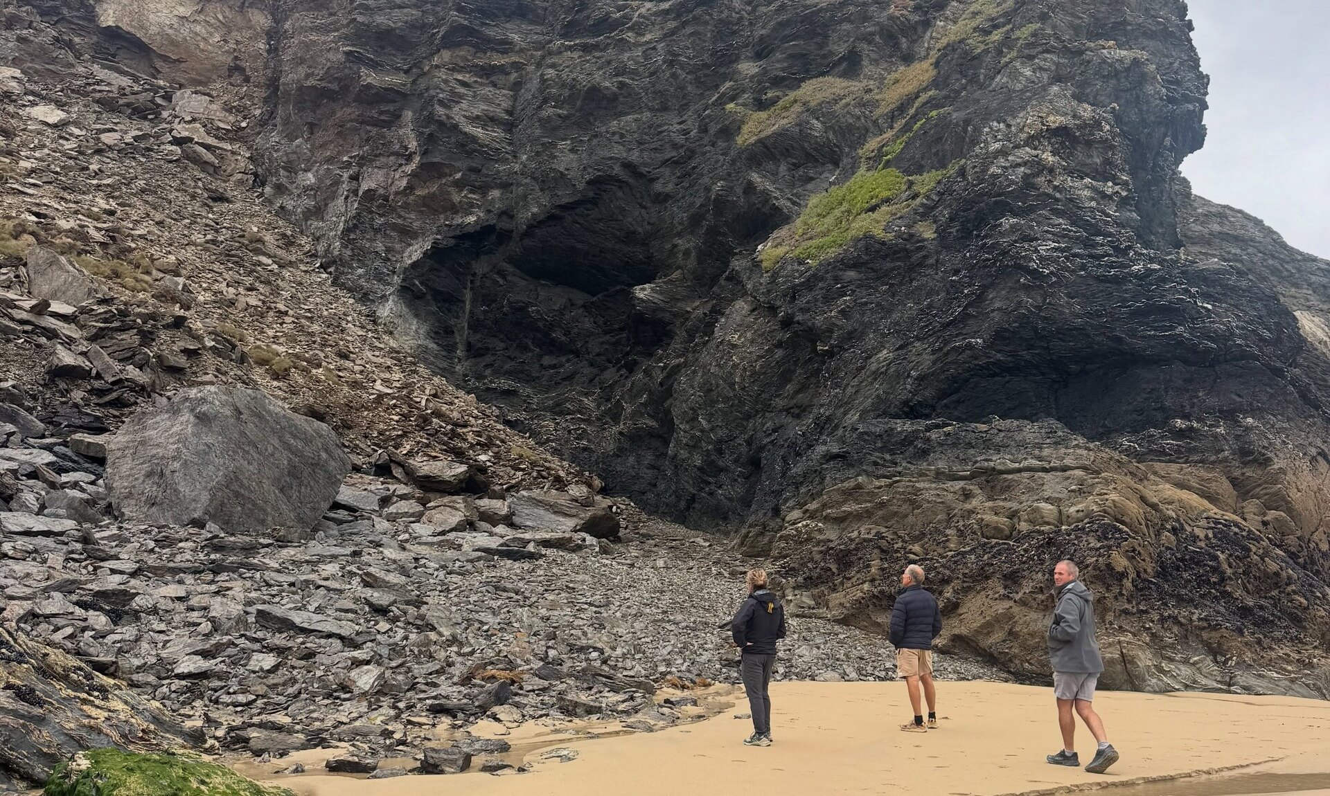 Rockfall covering the entrance to the Holy Well cave at Holywell Bay