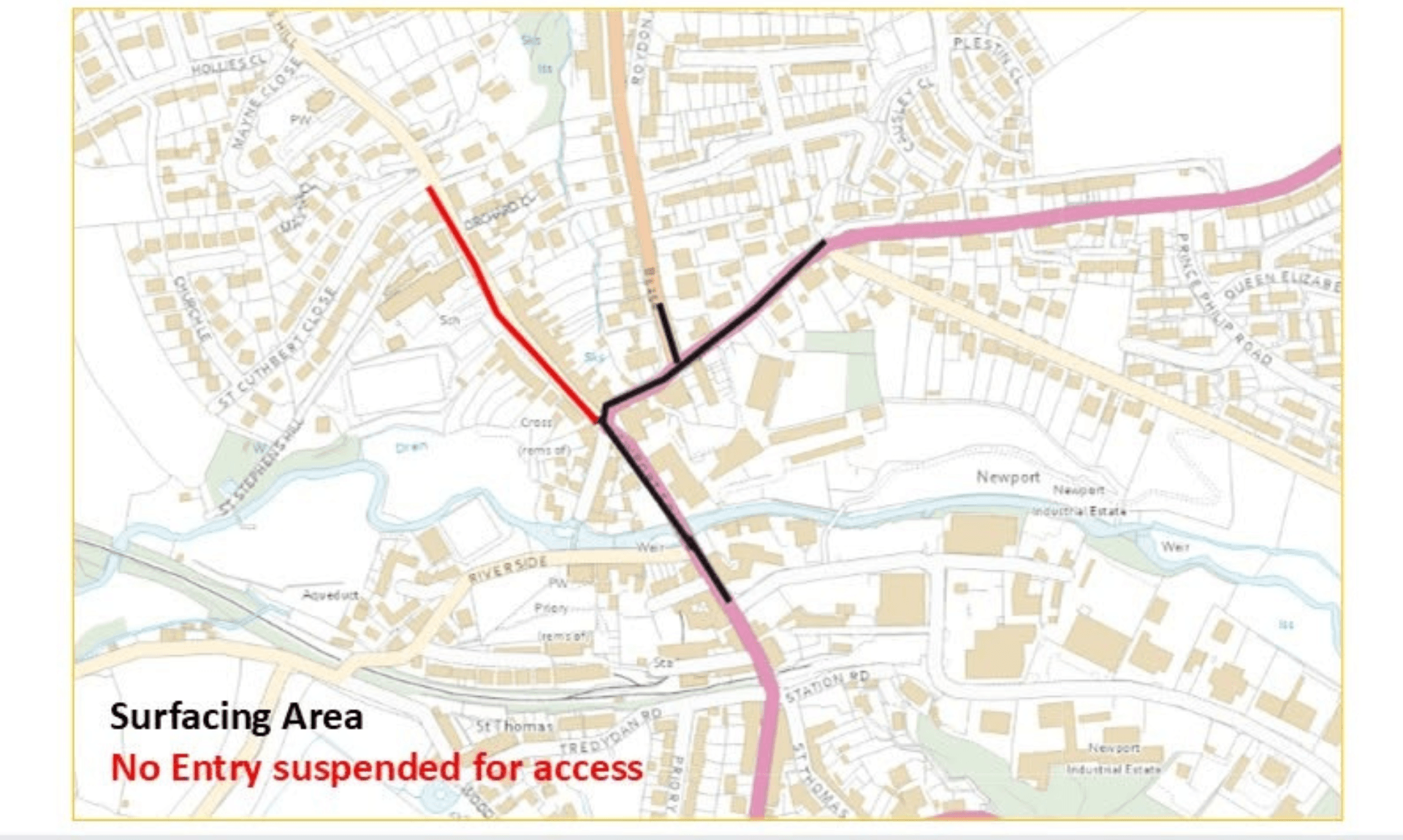 Cornwall Council map showing the A388 Newport Square surfacing area in Launceston, with the No Entry suspension and diversion routes marked