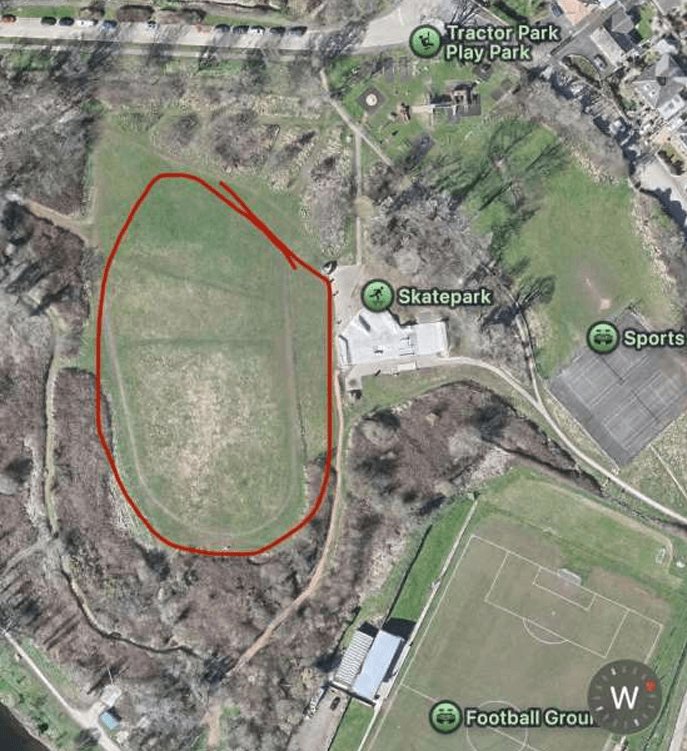Aerial map showing the boundary of Millbrook's main recreation field