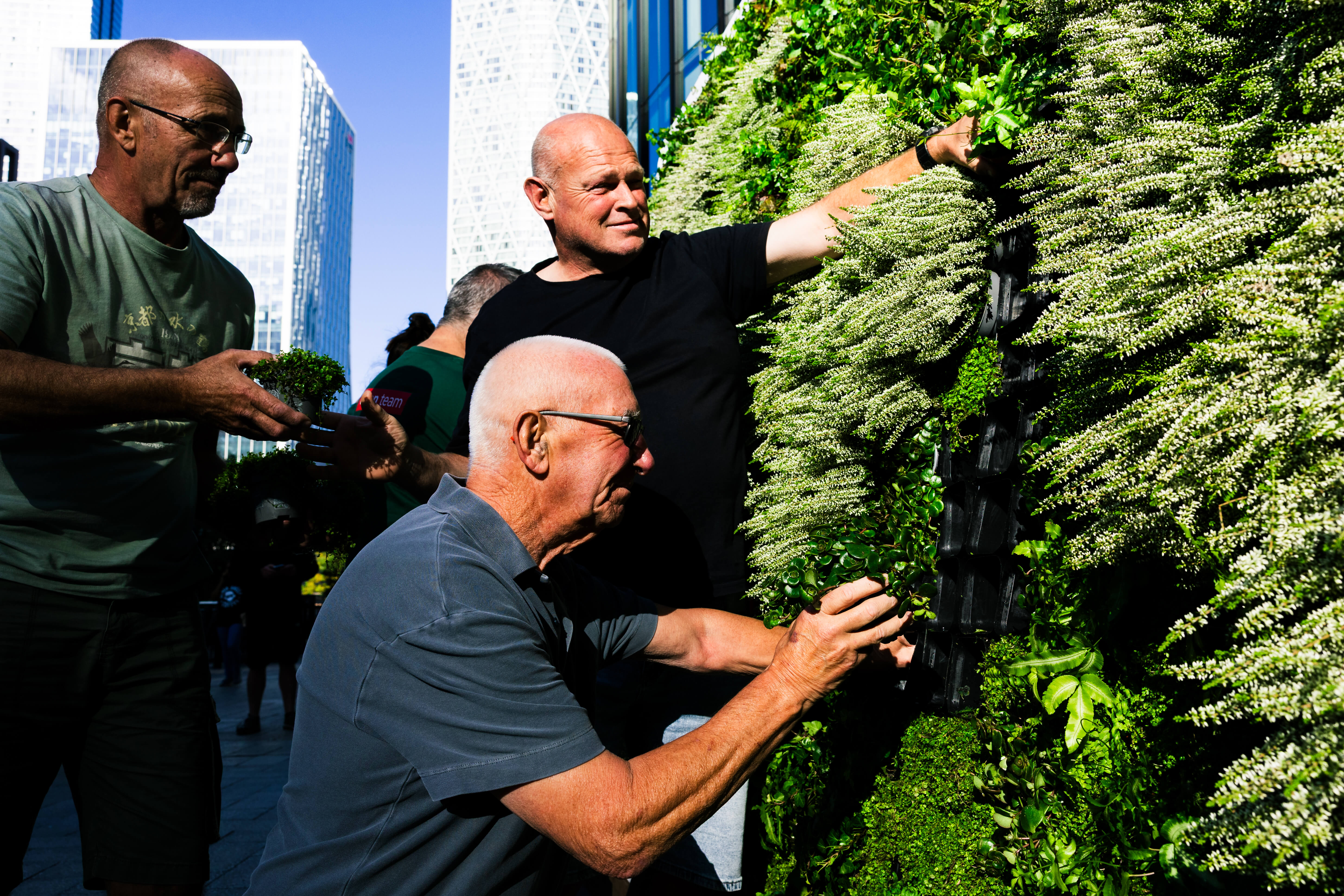 Volunteers building the living Emergency Exit sign plant by plant