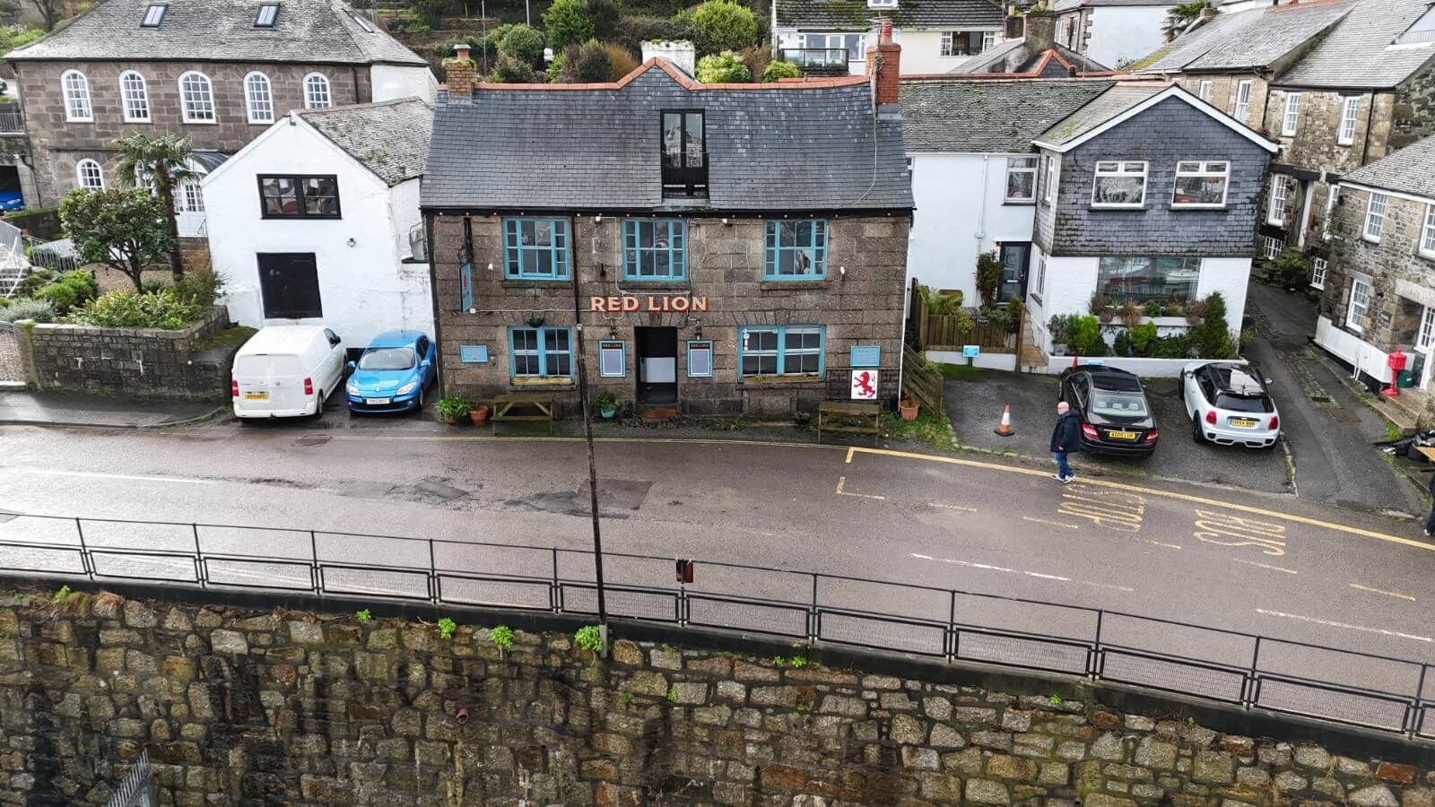 The Red Lion pub seen from across the road in Newlyn