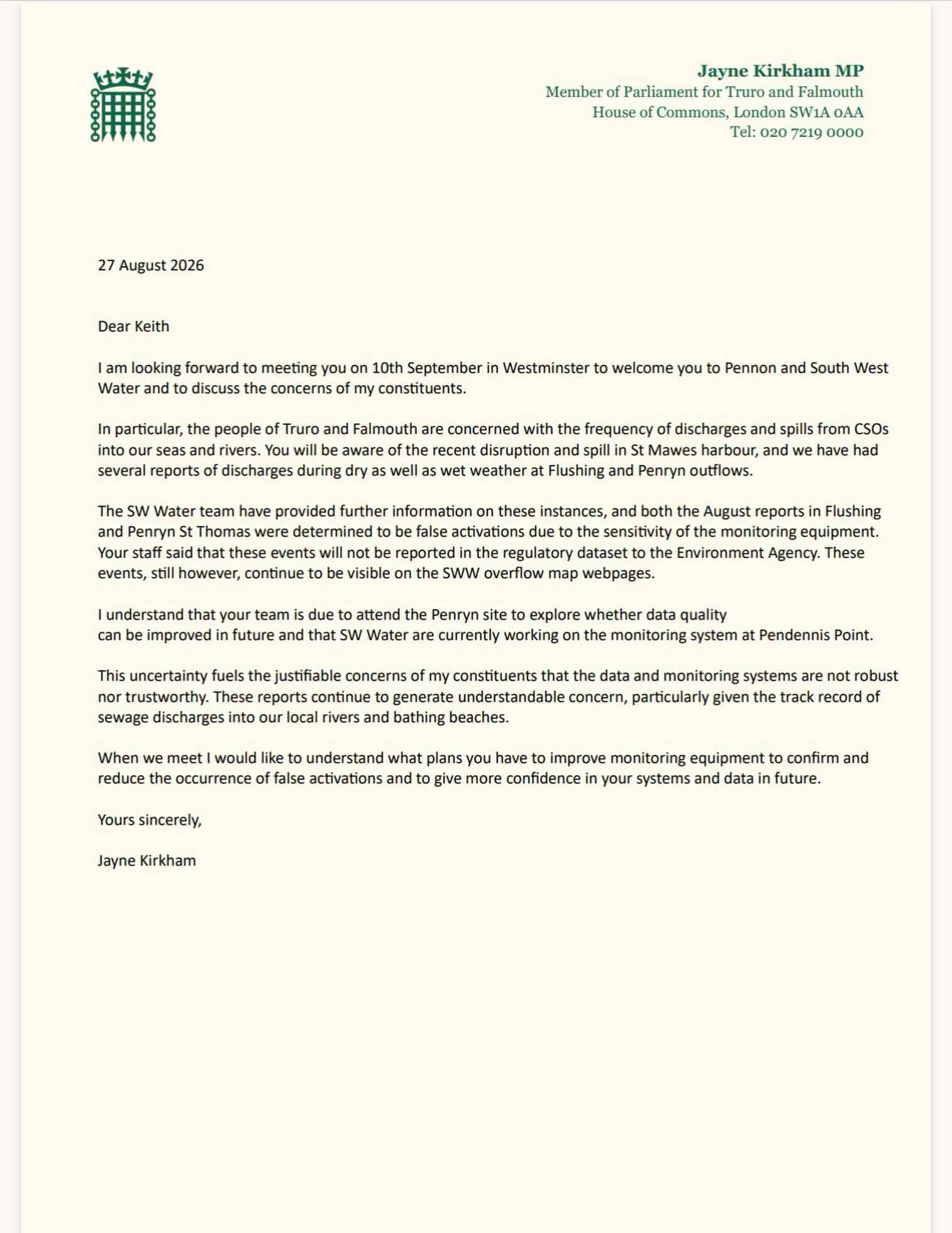 Letter from Jayne Kirkham MP to South West Water's incoming chief executive