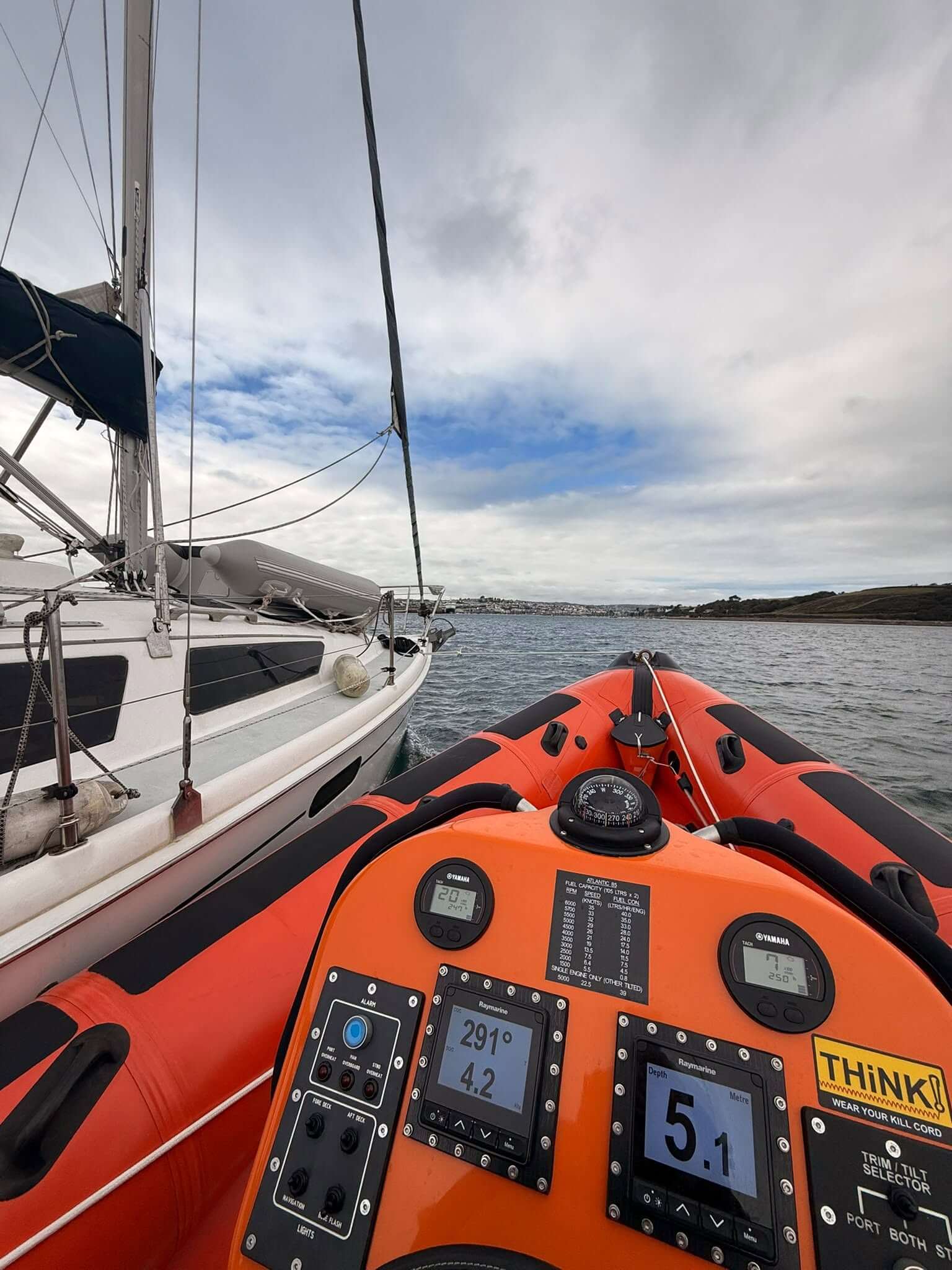 RNLI inshore lifeboat approaching a stricken yacht near Falmouth