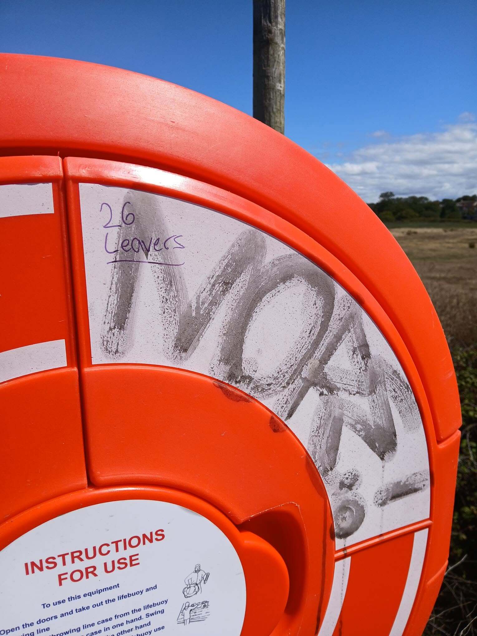 Close-up of graffiti scrawled on the vandalised lifebuoy station at Black Bridge, Hayle
