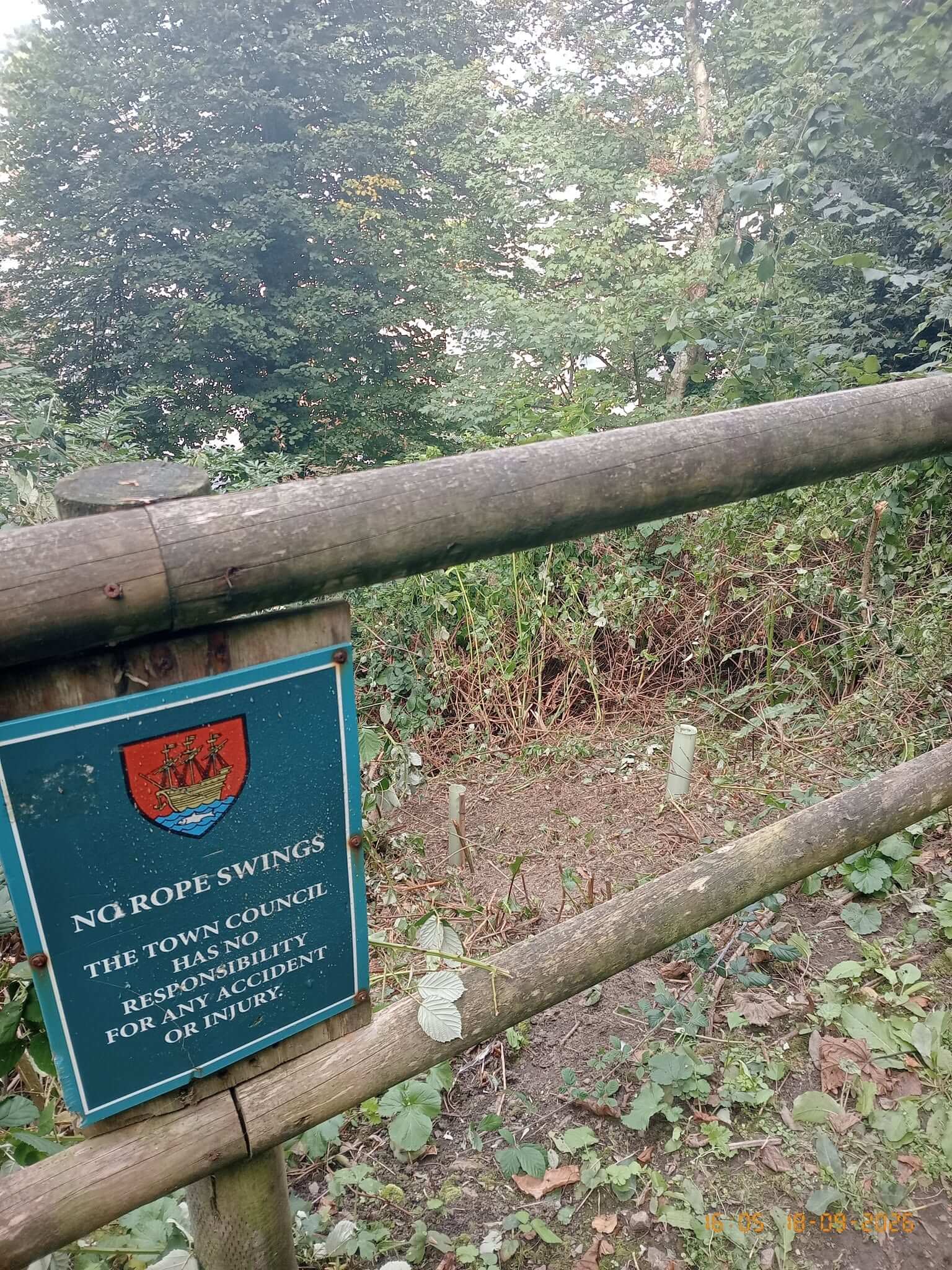 A no rope swings sign on the fence at Padstow's plantation woodland
