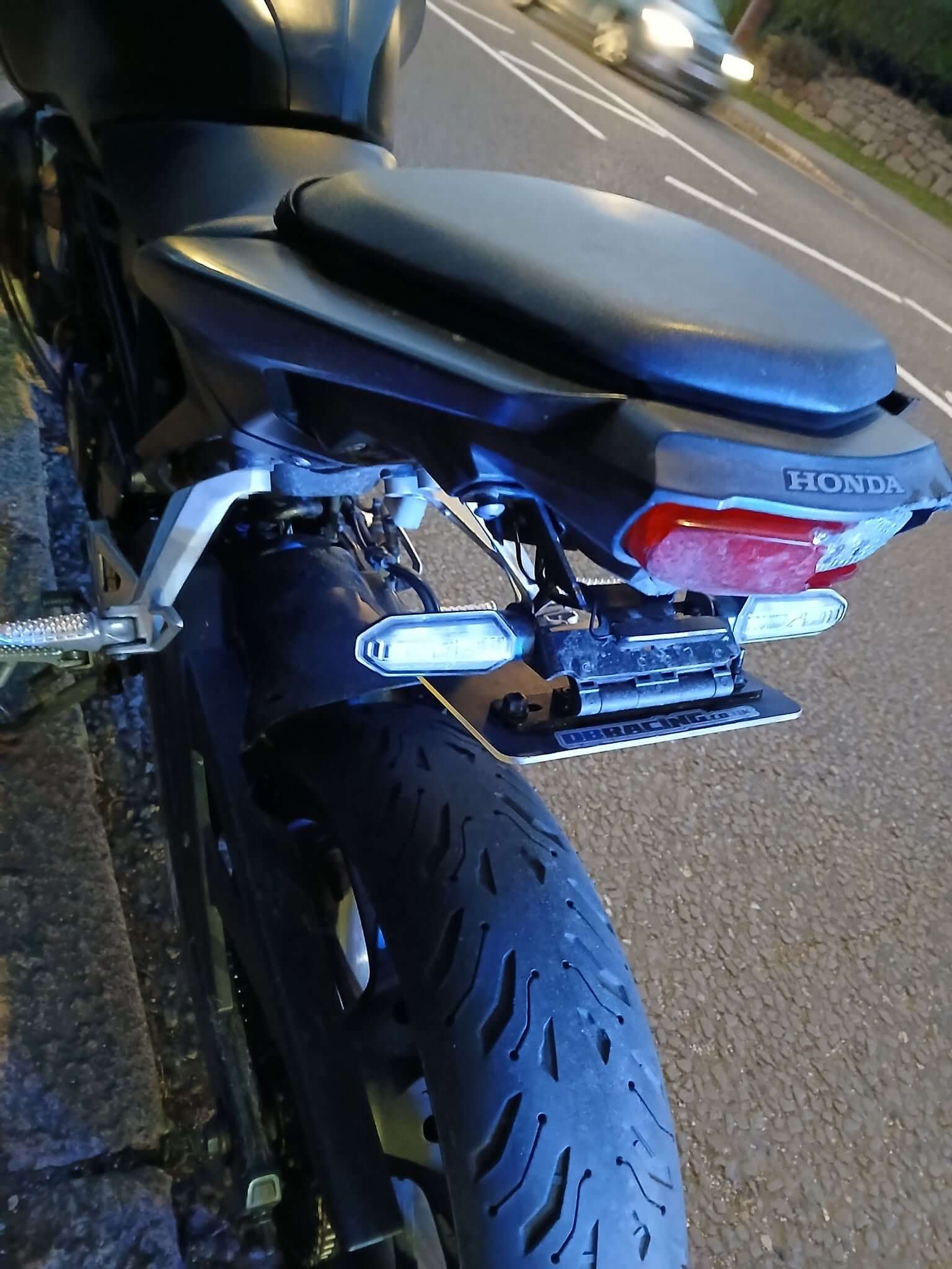 Flipper number plate mount fitted to the rear of a seized motorbike
