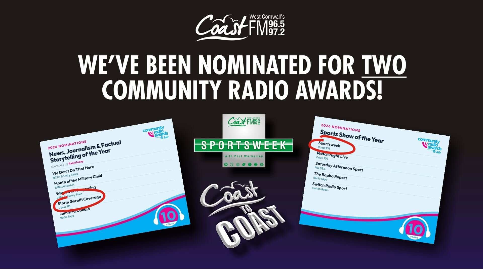 Coast FM graphic announcing two 2026 Community Radio Awards nominations