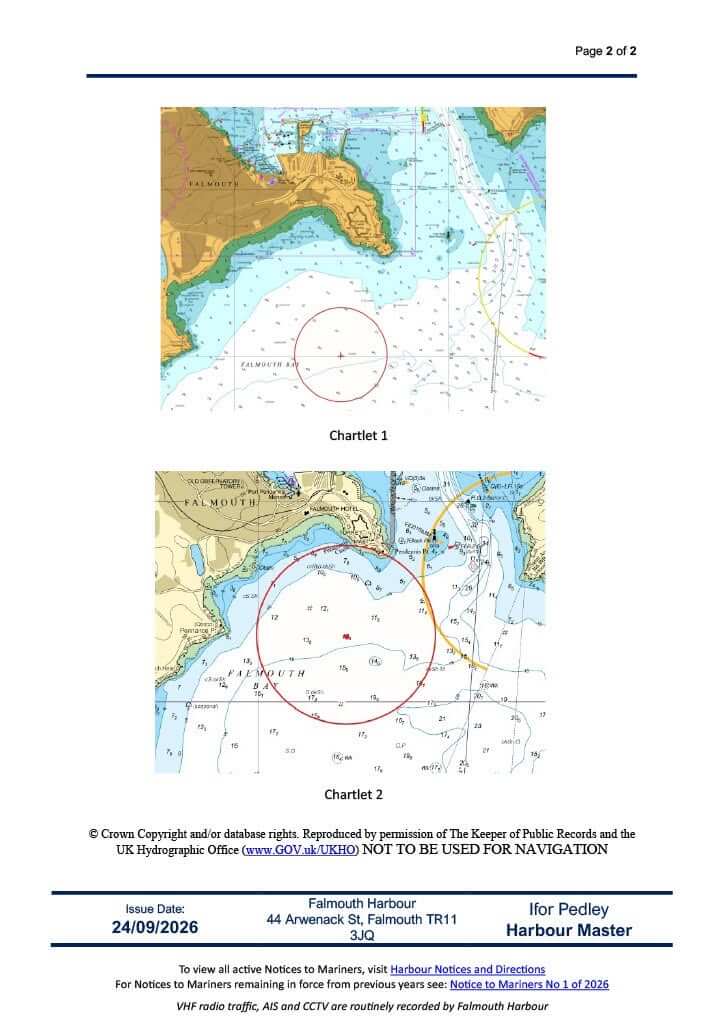 Chartlets showing the 500m and 1200m exclusion zones in Falmouth Bay