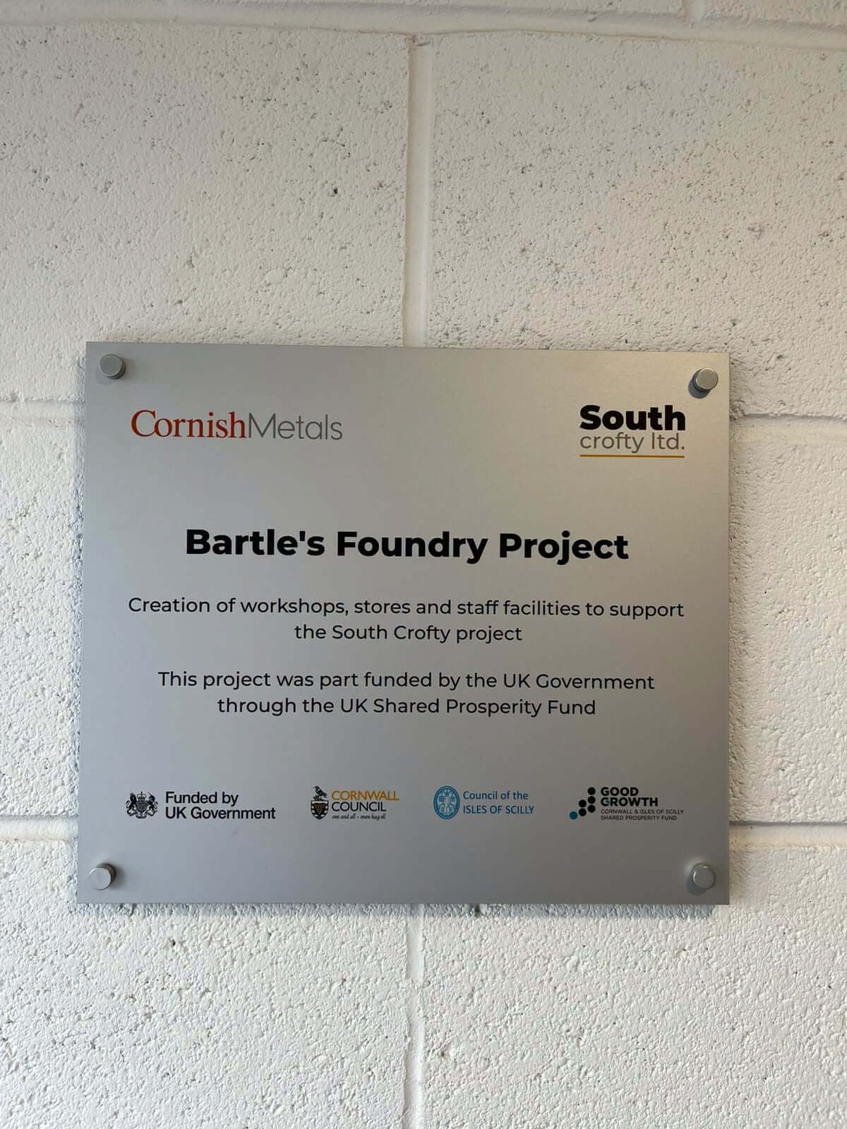 Bartle's Foundry Project plaque at South Crofty