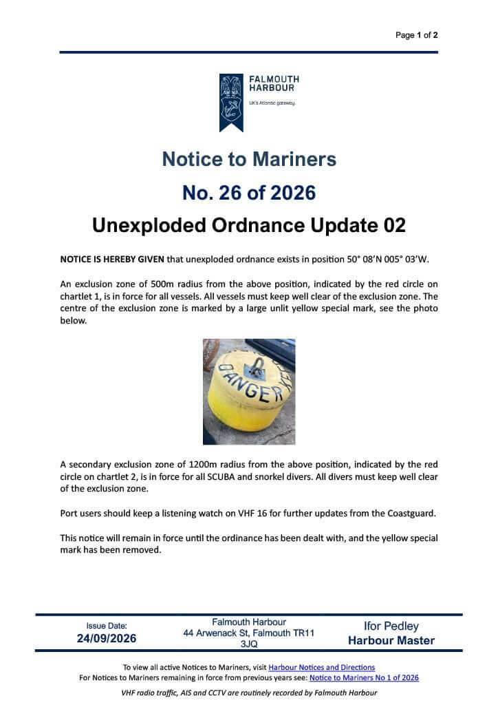 Falmouth Harbour Notice to Mariners No. 26 of 2026, Unexploded Ordnance Update 02
