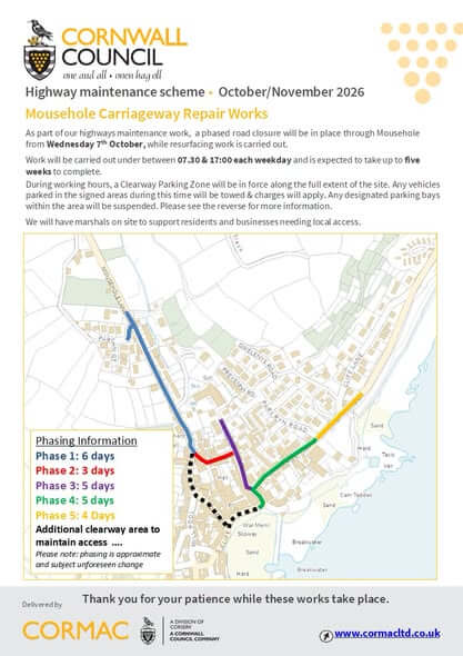 Cornwall Council leaflet for the Mousehole Carriageway Repair Works with phasing map