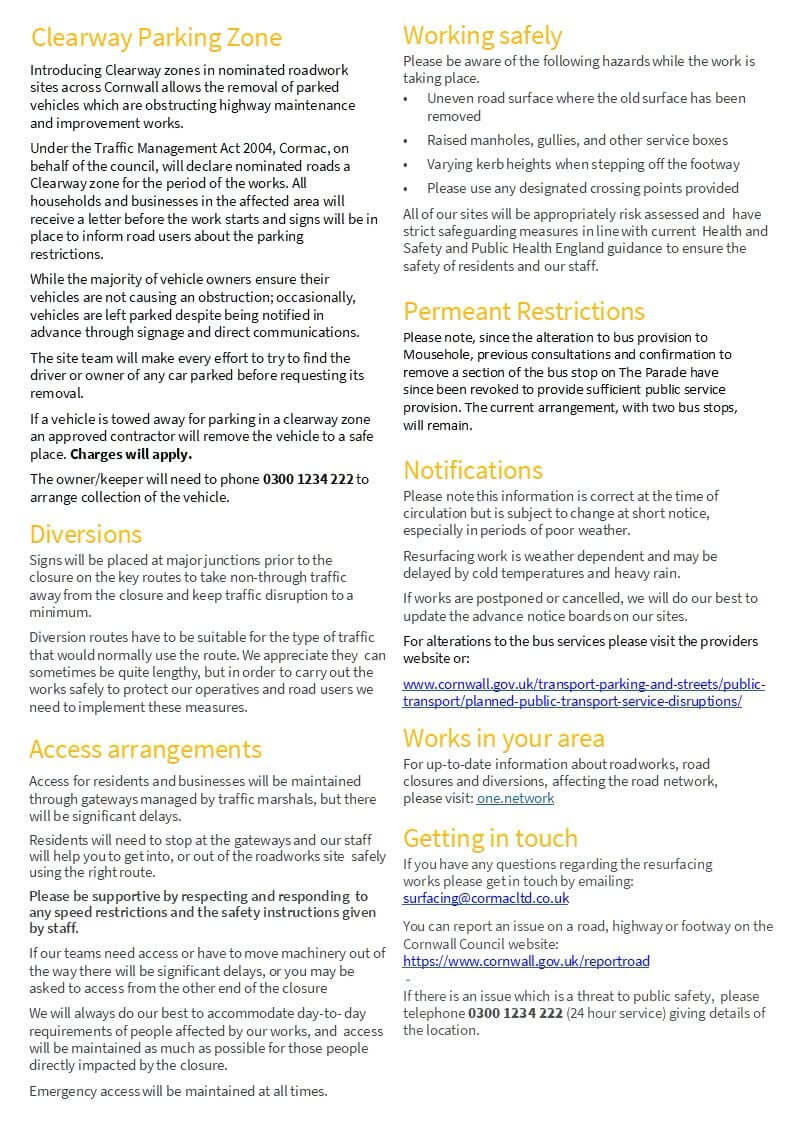 Reverse of the Mousehole works leaflet covering clearway, diversions and access