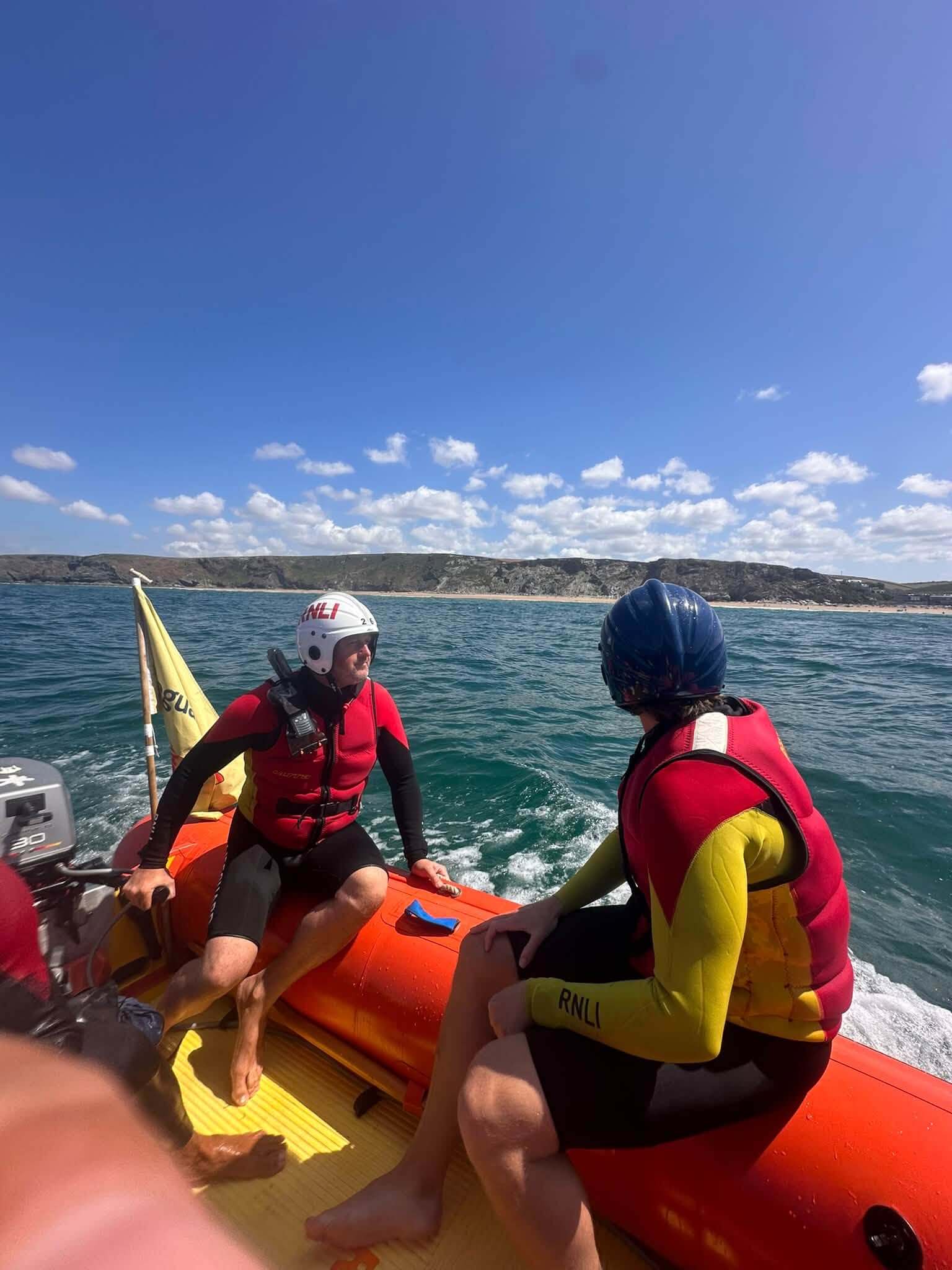 RNLI lifeguards aboard an inshore rescue boat off the north Cornwall coast