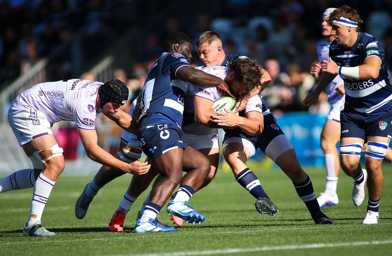 Cornish Pirates prop Alfie Petch in a tackle against Coventry